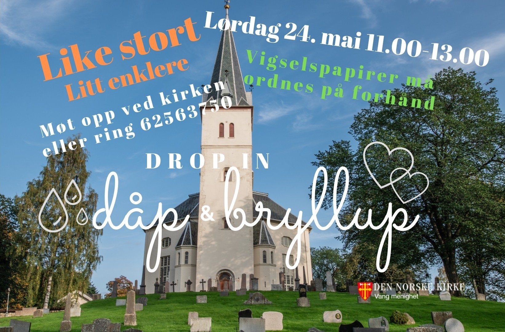 Plakat som viser Vang kirke med informasjon om dåp og vigsel